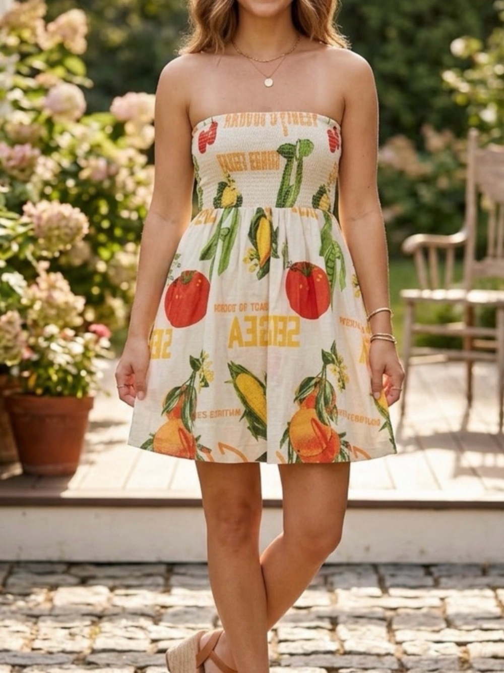 BDG Strapless Fruit-Print Mini Dress Cream, Yellow & Green
